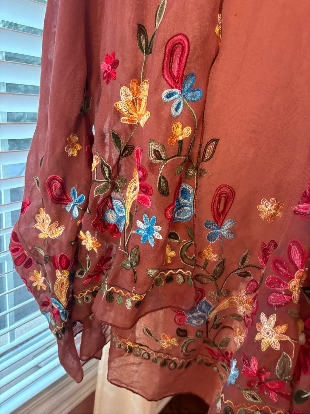 Embroidered Rust Sheer Floral Kimono Robe - Picture 3 of 6